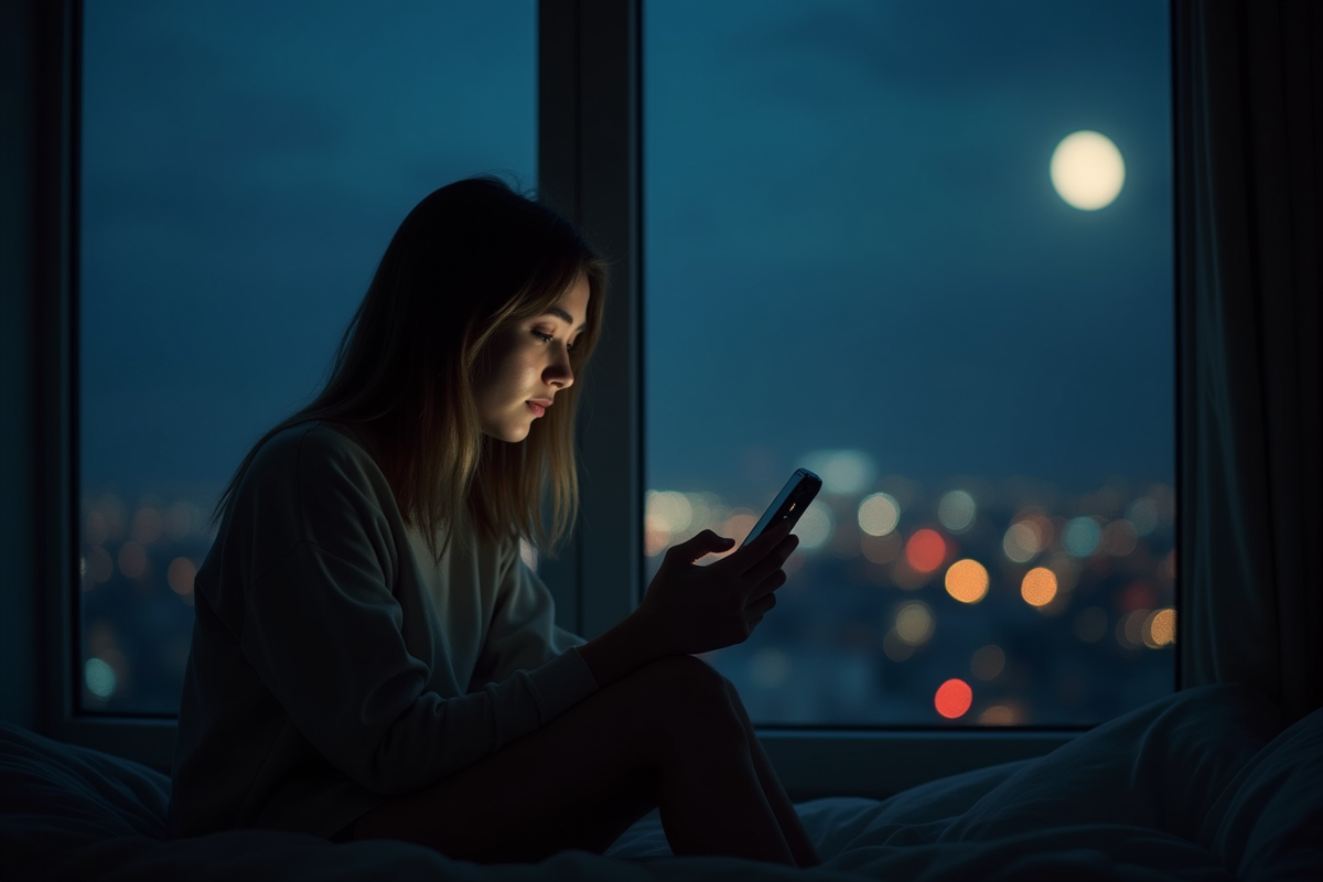 Jeune femme regardant son smartphone la nuit