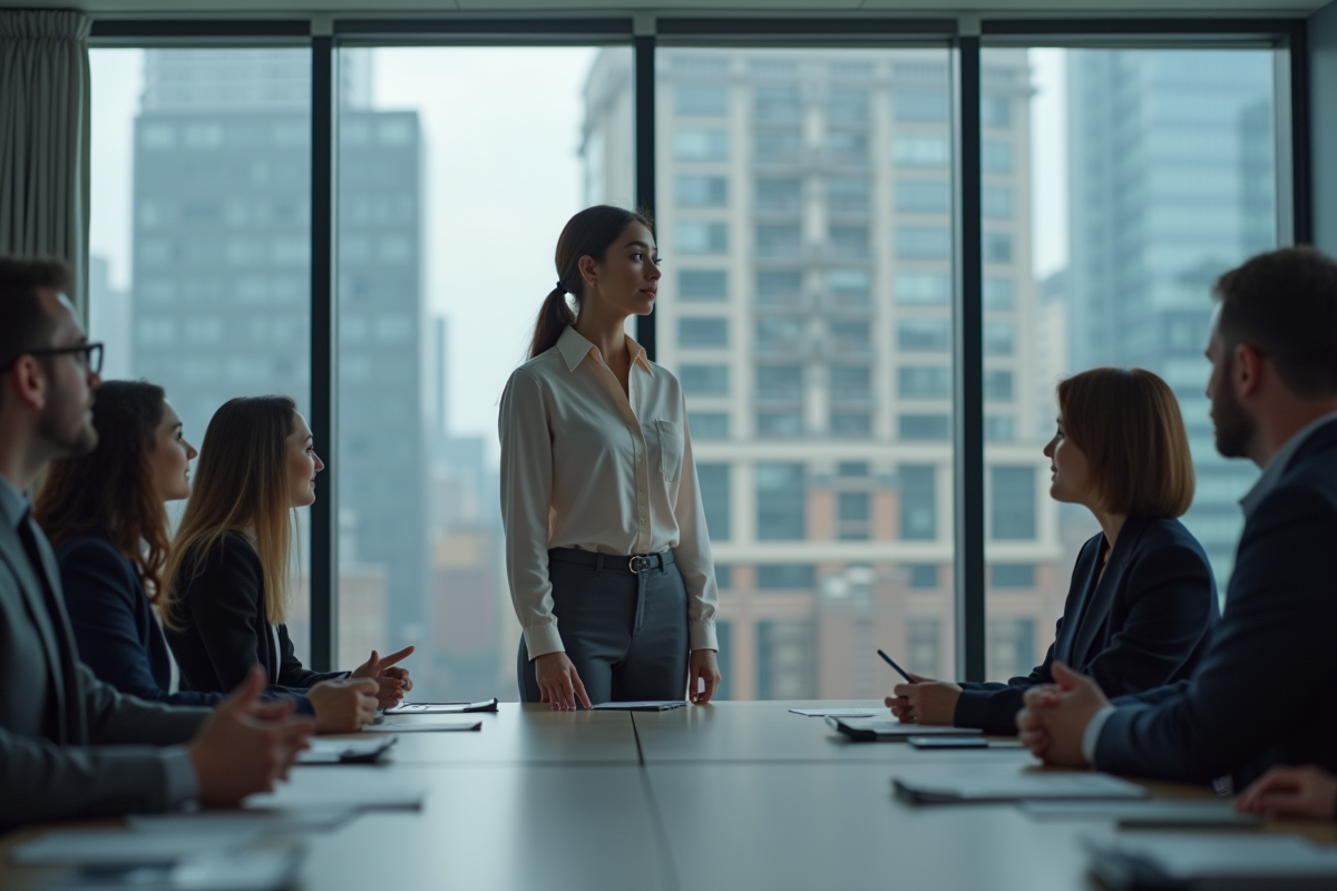 Jeune femme en réunion avec collègues autour d
