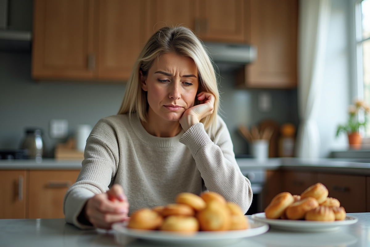 Femme réfléchissant à son alimentation saine à la maison