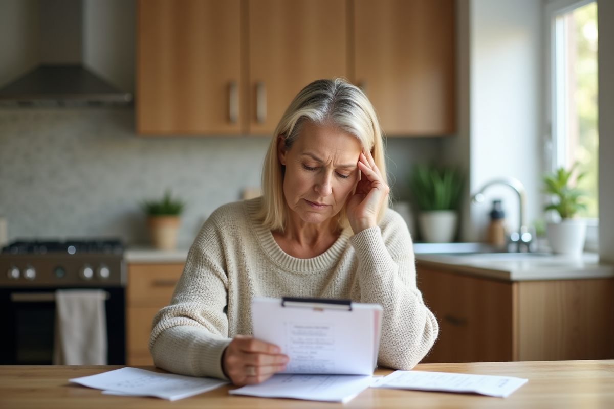 Femme d'âge moyen en cuisine pensant à ses symptômes