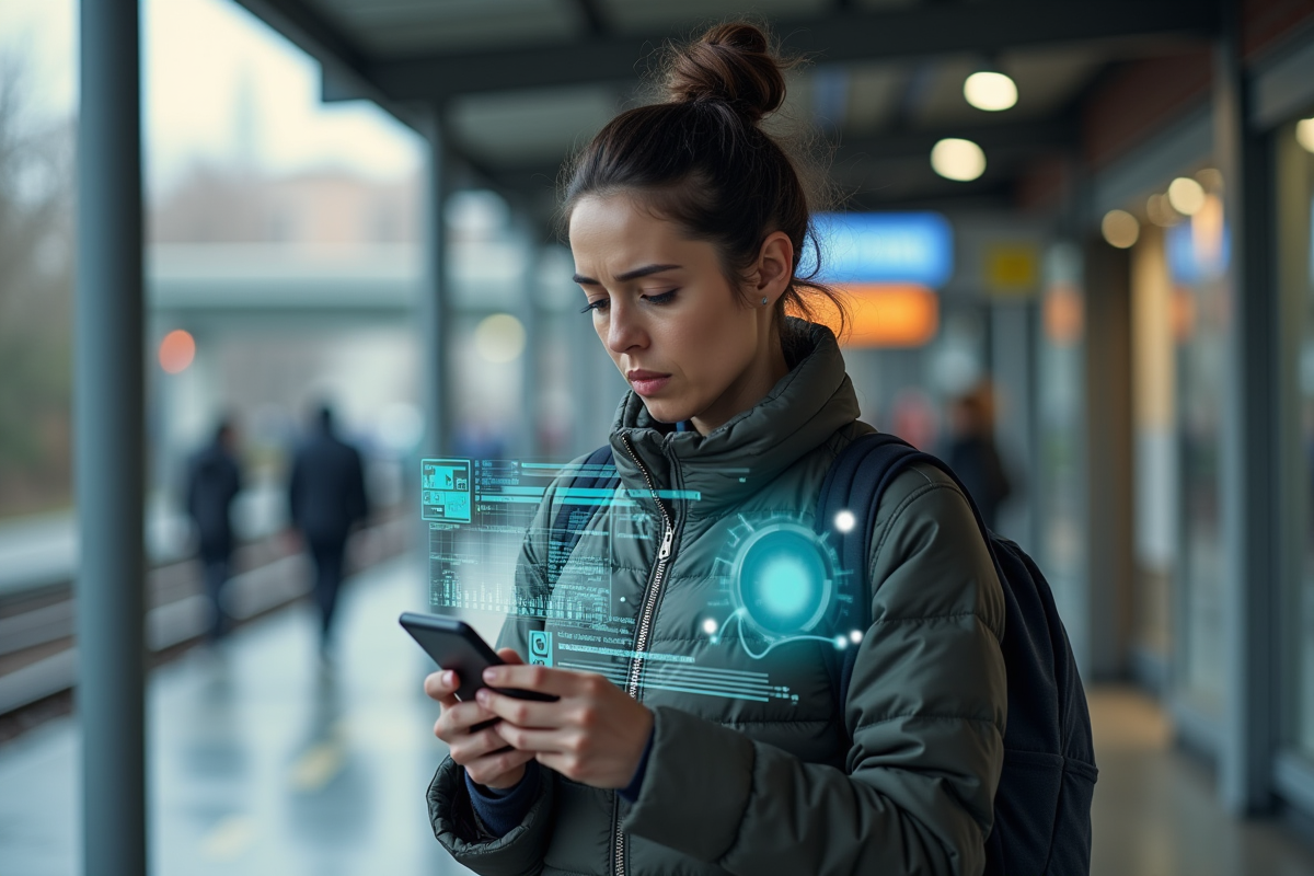 Femme dans une station de métro vérifiant son smartphone avec données flottantes
