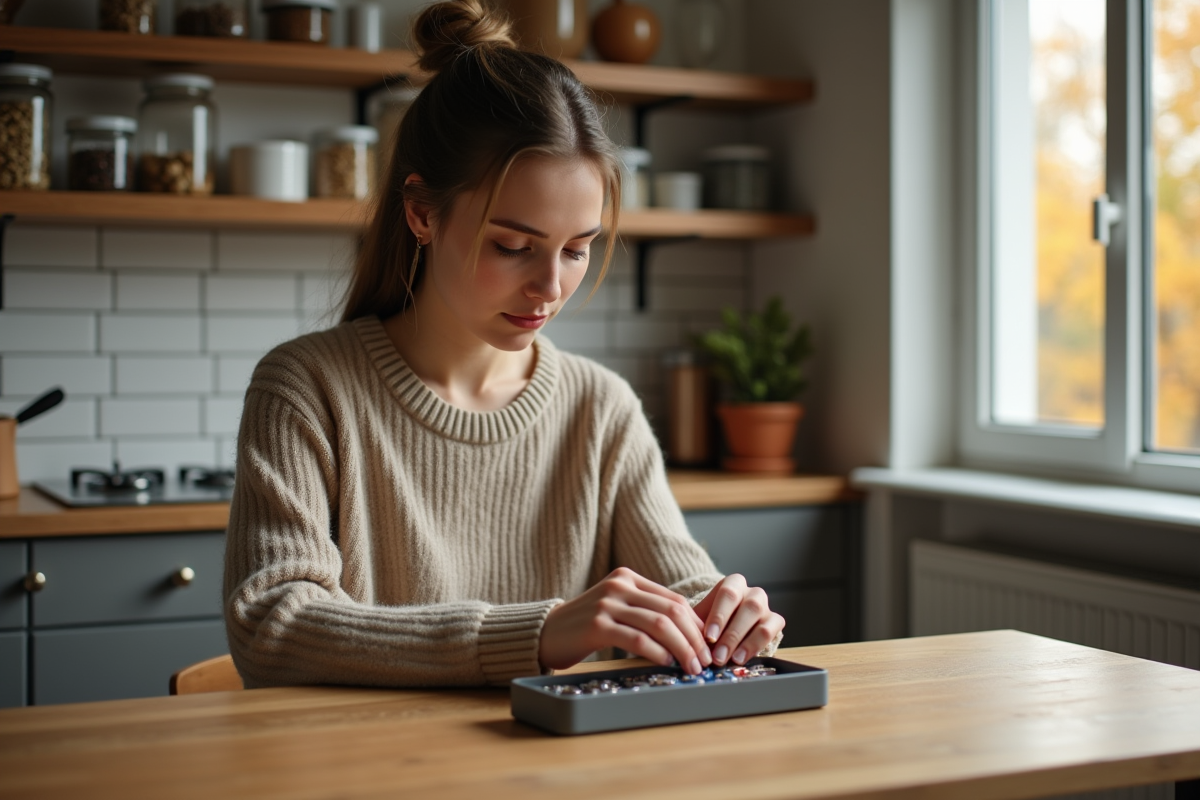 Femme rangeant piles rechargeables dans une cuisine