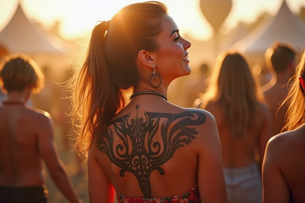 Femme souriante avec tatouages tribaux lors d