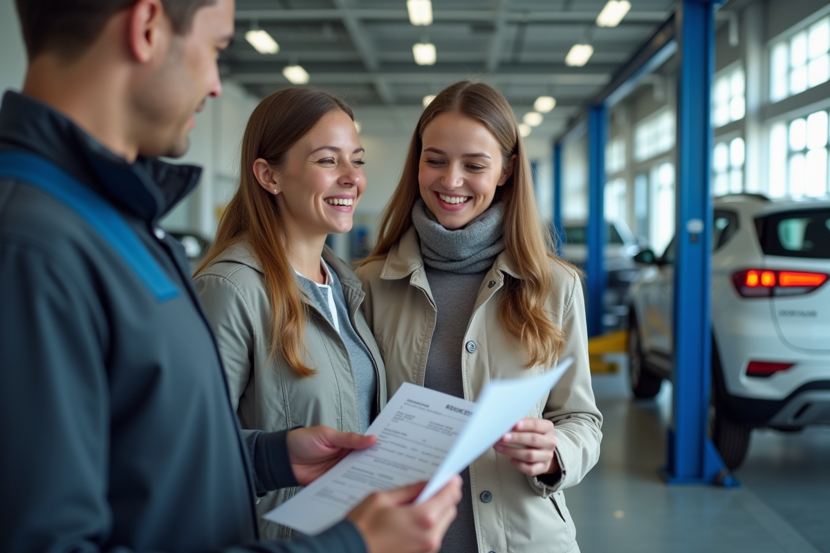 Jeune femme discute avec un technicien auto dans un atelier moderne