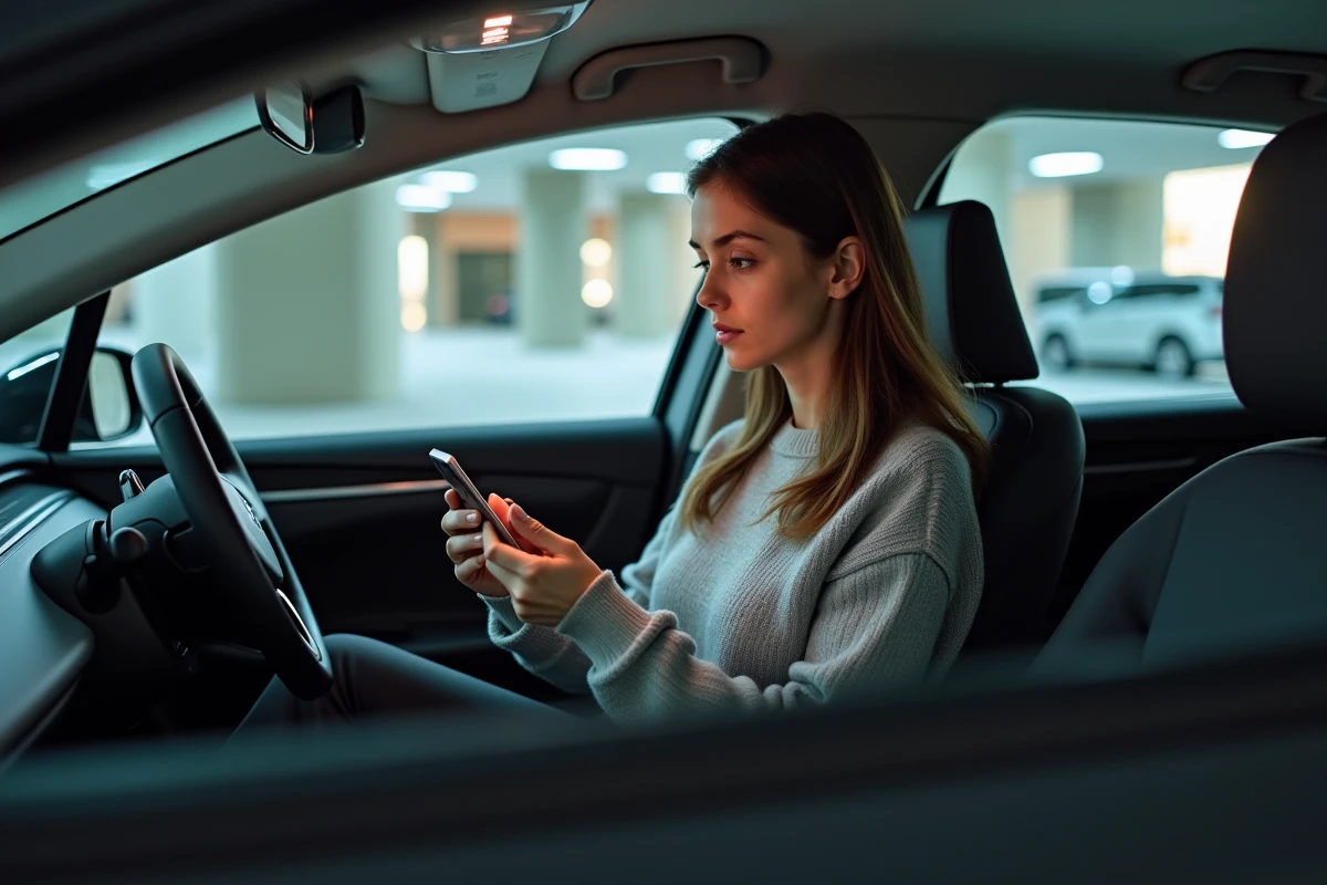 Femme contrôlant son smartphone dans une voiture électrique