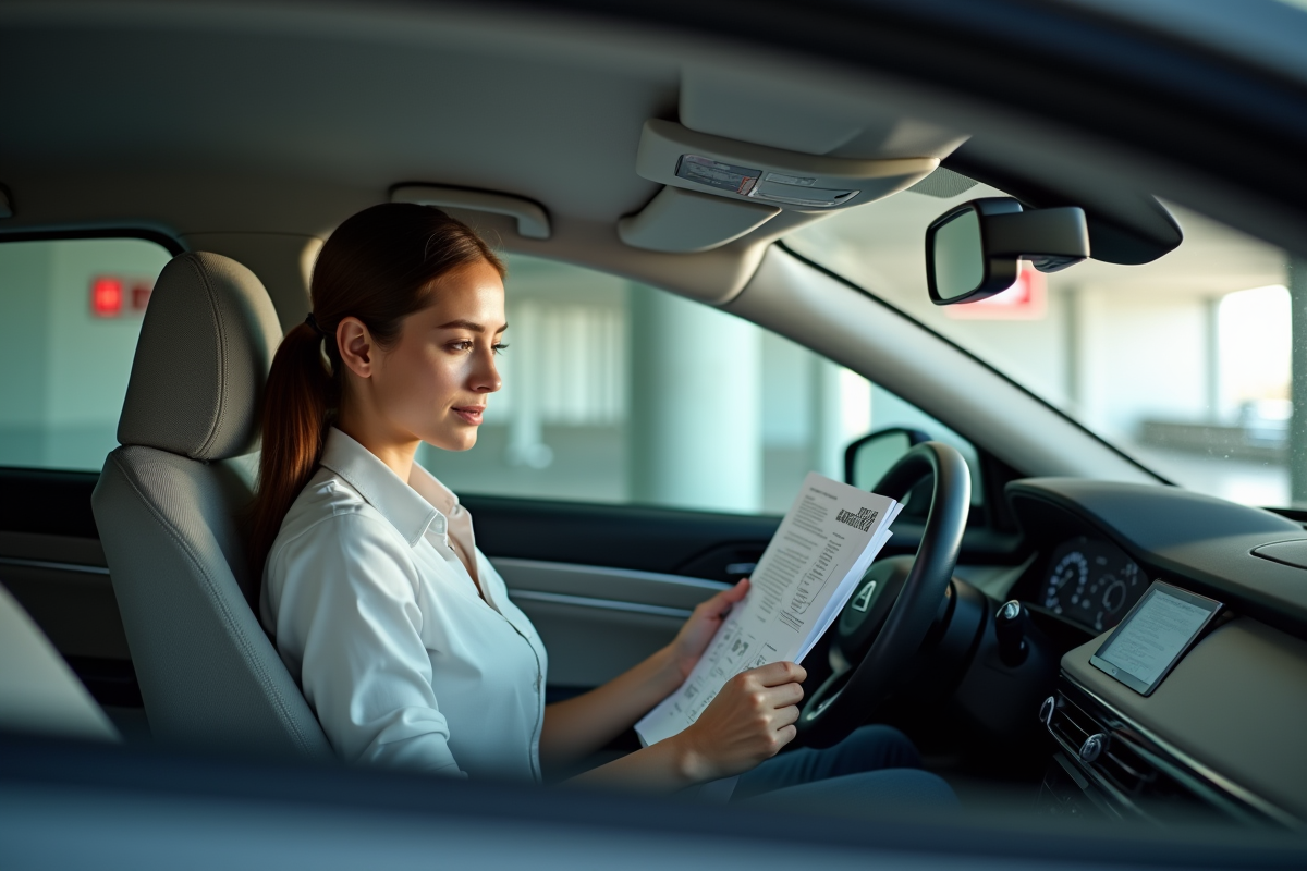 Jeune femme lisant un checklist dans une voiture à hydrogène