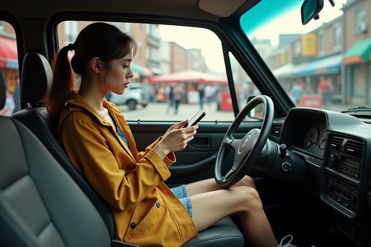 Jeune femme dans une voiture ancienne au marché urbain