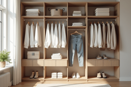 Garde-robe moderne avec chemises blanches et jeans