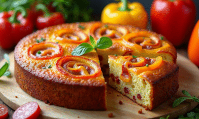 Gâteau de poivron et chorizo tranché sur planche en bois