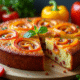 Gâteau de poivron et chorizo tranché sur planche en bois