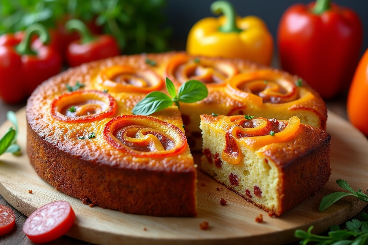 Gâteau de poivron et chorizo tranché sur planche en bois