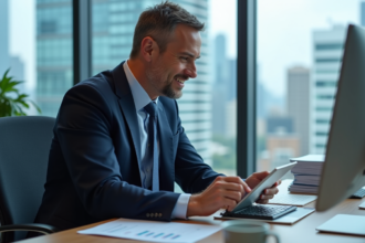 Homme d'affaires en costume bleu analyse des graphiques financiers