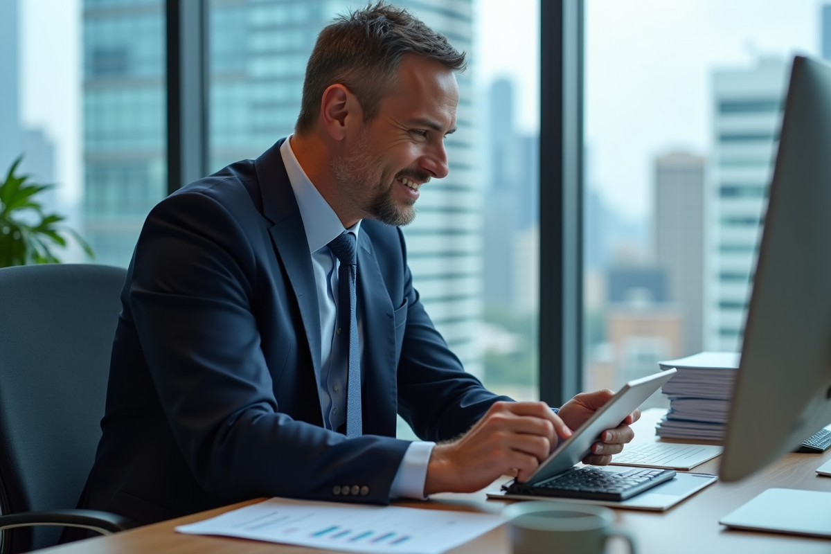 Homme d'affaires en costume bleu analyse des graphiques financiers