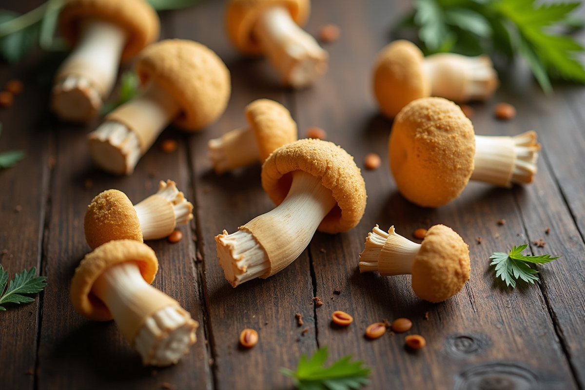 Girolles fraîches dispersées sur table en bois rustique