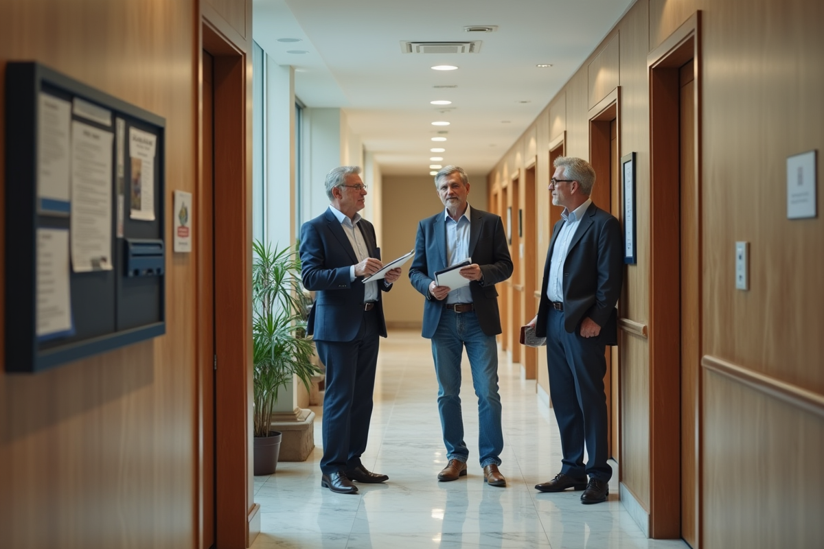 Groupe de personnes discutant dans un hall d