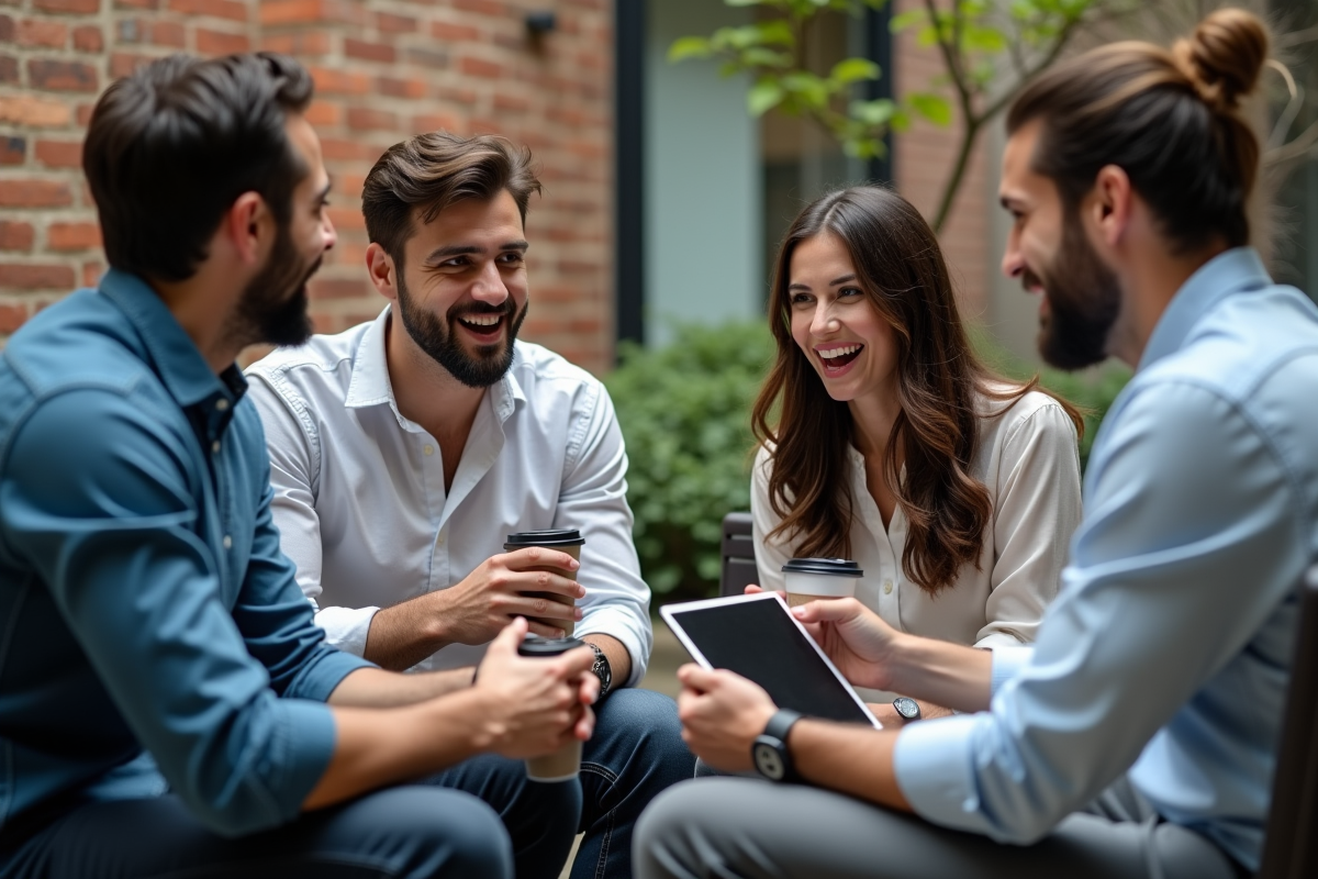 Groupe de professionnels discutant en extérieur avec tasses réutilisables
