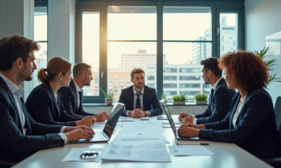Groupe de professionnels en réunion dans un bureau lumineux