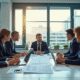 Groupe de professionnels en réunion dans un bureau lumineux