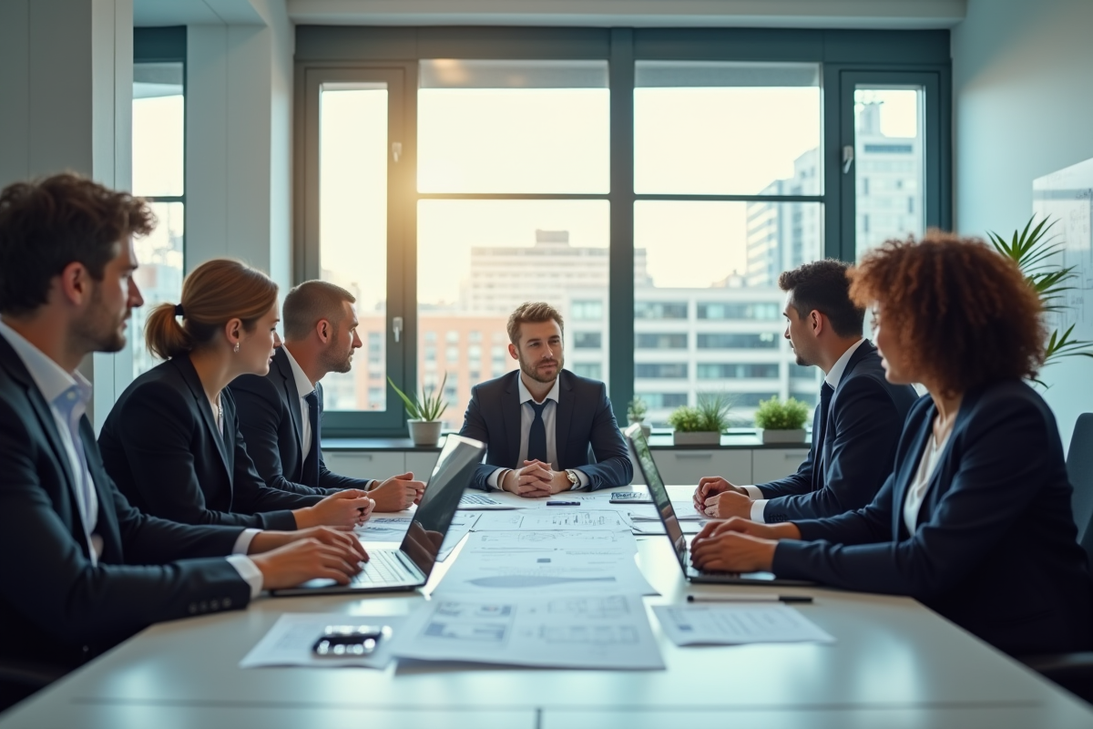 Groupe de professionnels en réunion dans un bureau lumineux