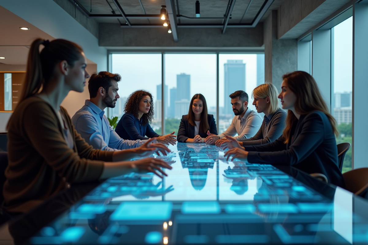 Groupe de professionnels autour d'une table interactive holographique