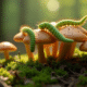 Groupe de chenilles vertes sur des champignons dans la forêt