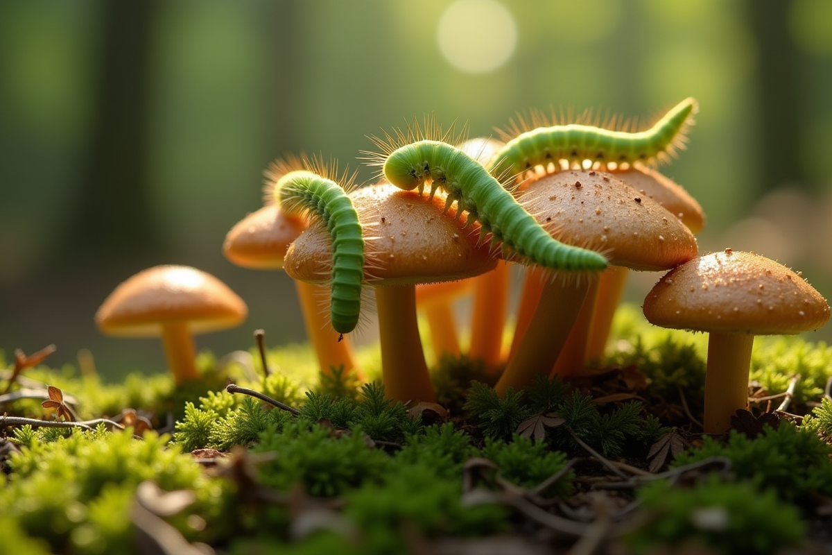 Groupe de chenilles vertes sur des champignons dans la forêt