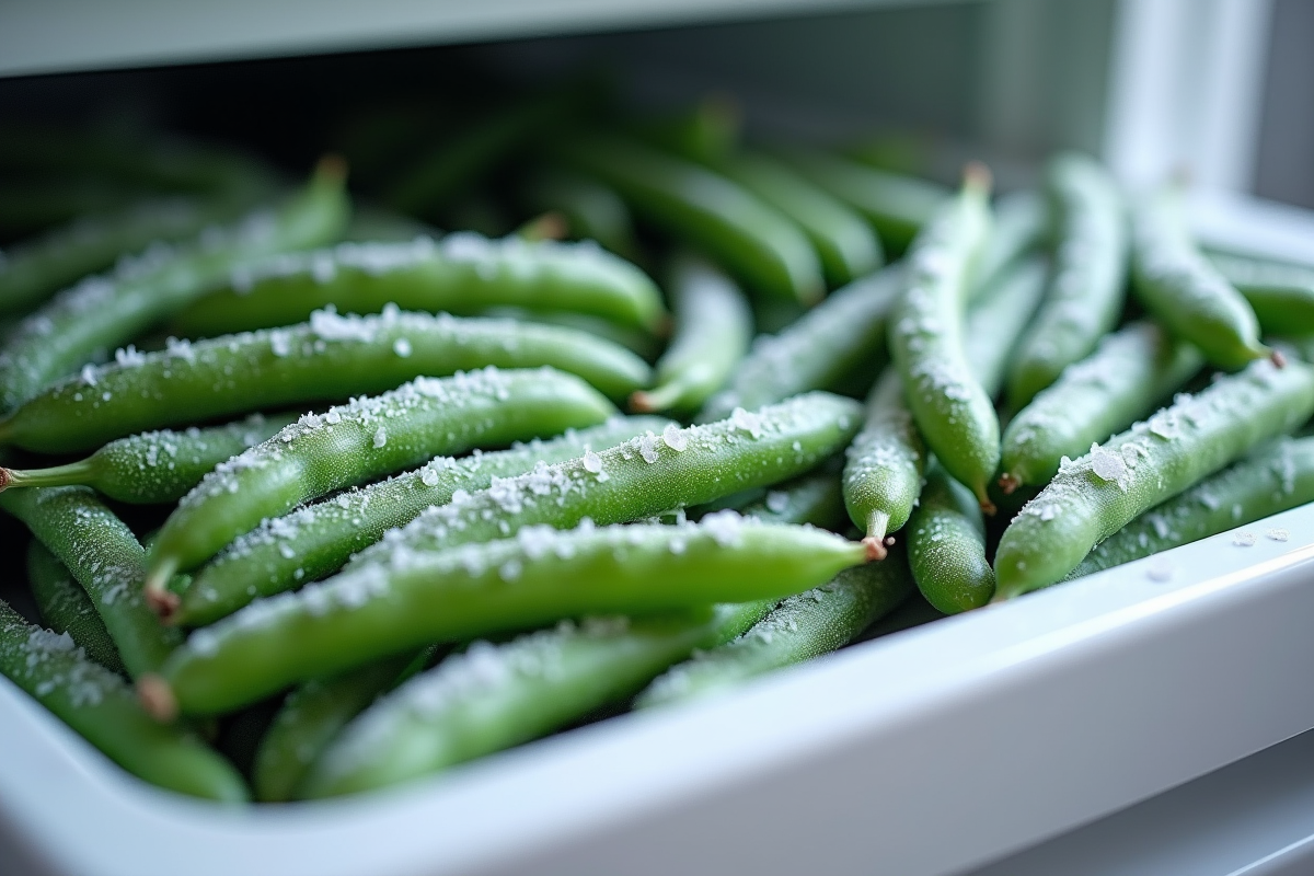 Haricots verts congelés dans des sacs dans un congélateur moderne