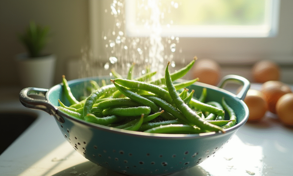 Haricots verts frais lavés dans une passoire en cuisine lumineuse