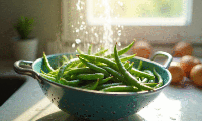 Haricots verts frais lavés dans une passoire en cuisine lumineuse