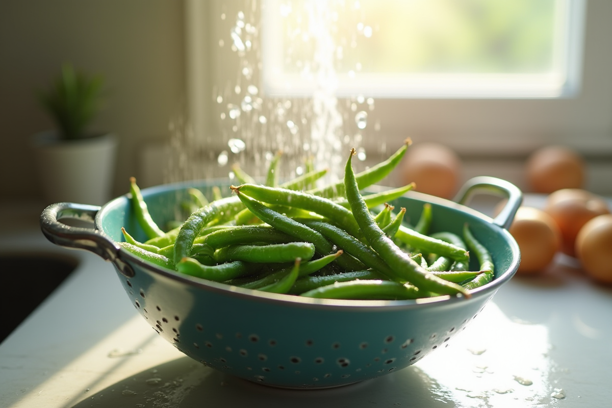 Haricots verts frais lavés dans une passoire en cuisine lumineuse