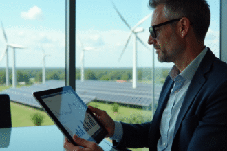 Homme d'affaires regardant des graphiques sur une tablette avec panneaux solaires