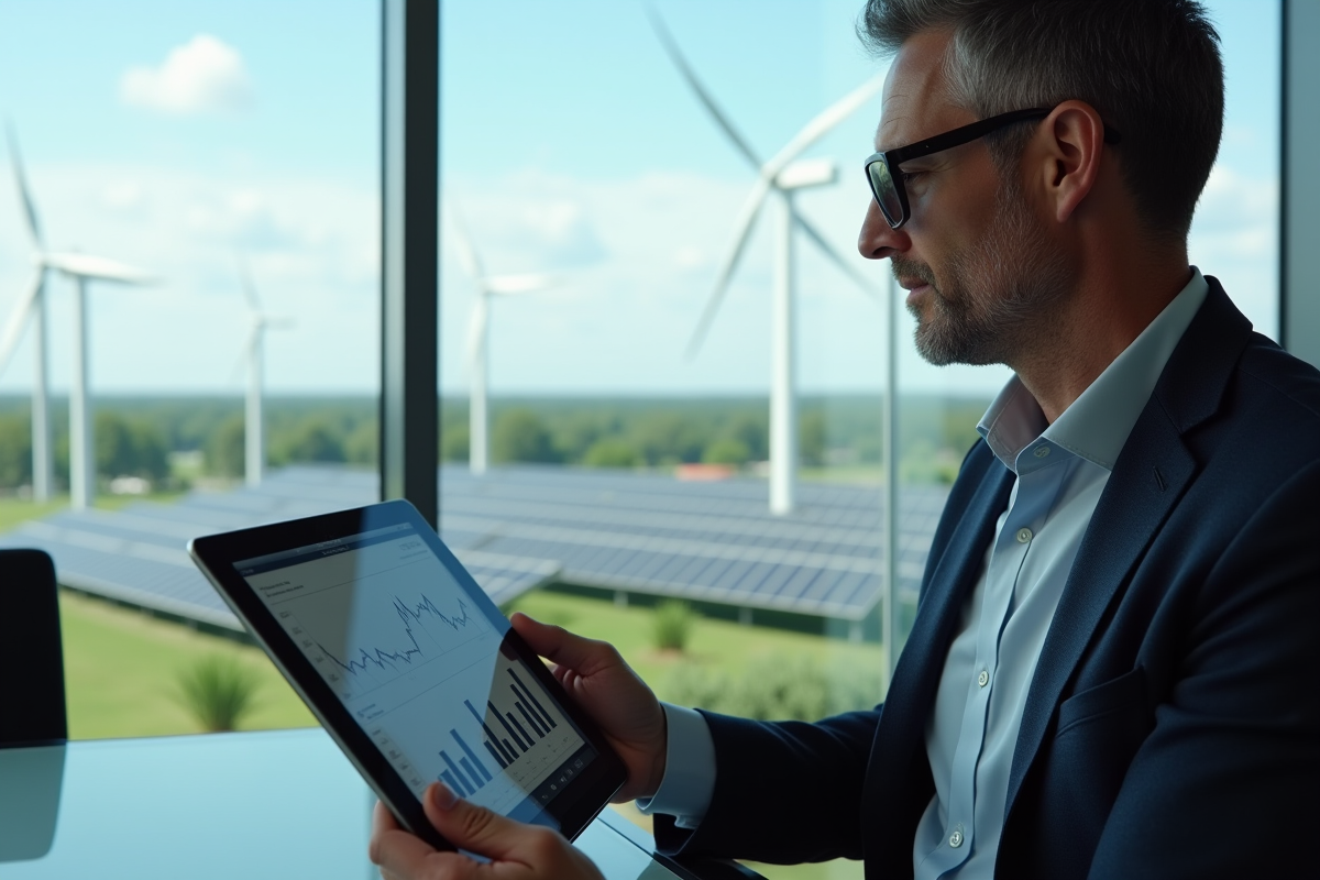 Homme d'affaires regardant des graphiques sur une tablette avec panneaux solaires