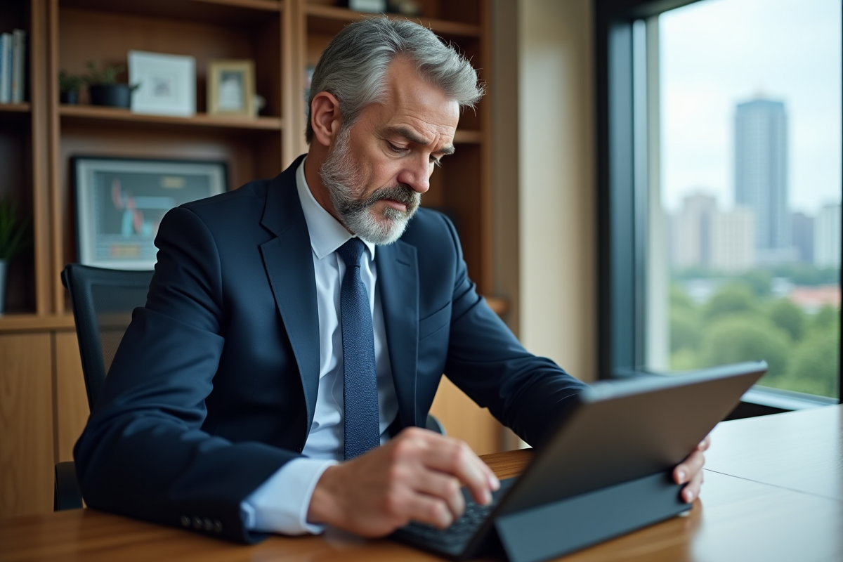 Homme d'affaires en costume bleu analysant des graphiques financiers