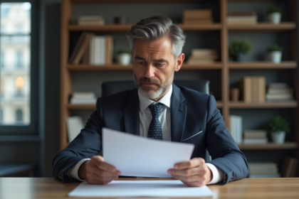 Homme d'affaires lisant des papiers officiels dans un bureau moderne