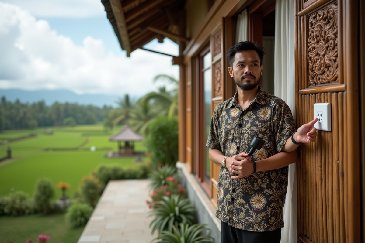 Homme balinais en batik pointant une prise électrique extérieure