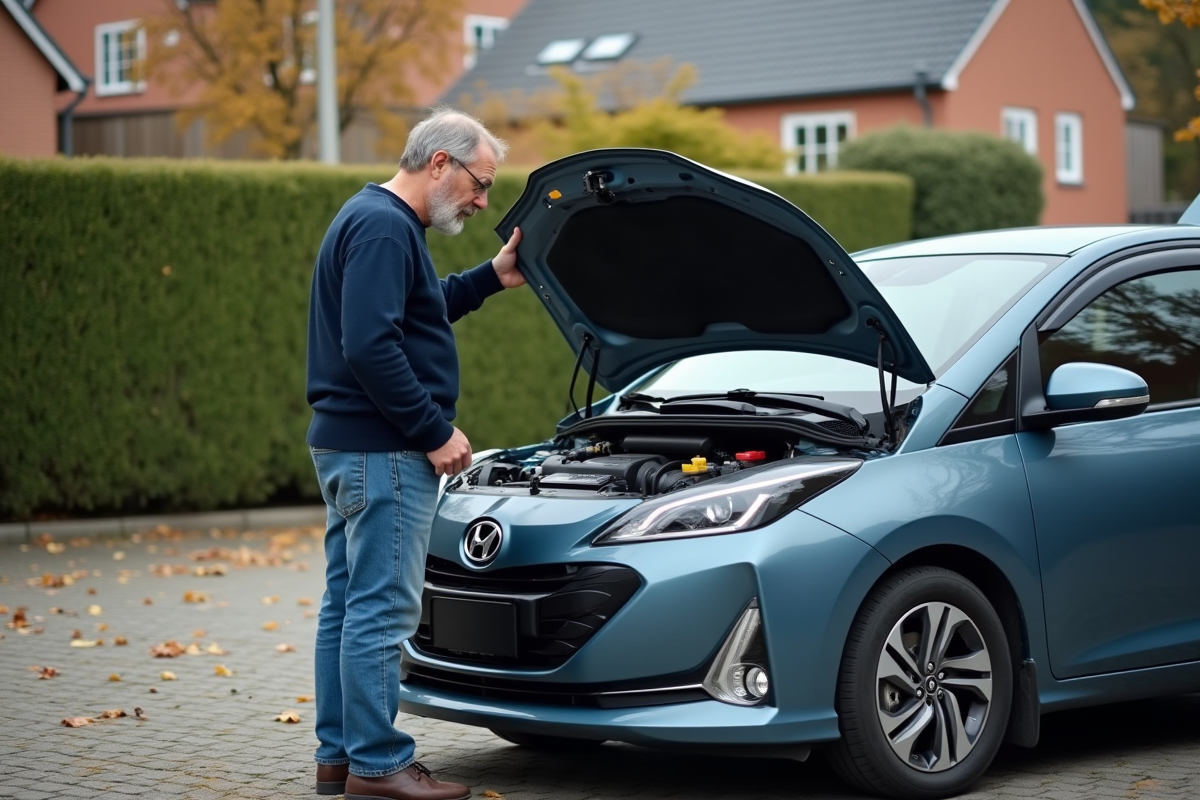 Homme moyenâgeux examine le capot d'une voiture hybride en extérieur
