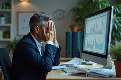 Homme d'âge moyen inquiet au bureau face à des graphiques IA