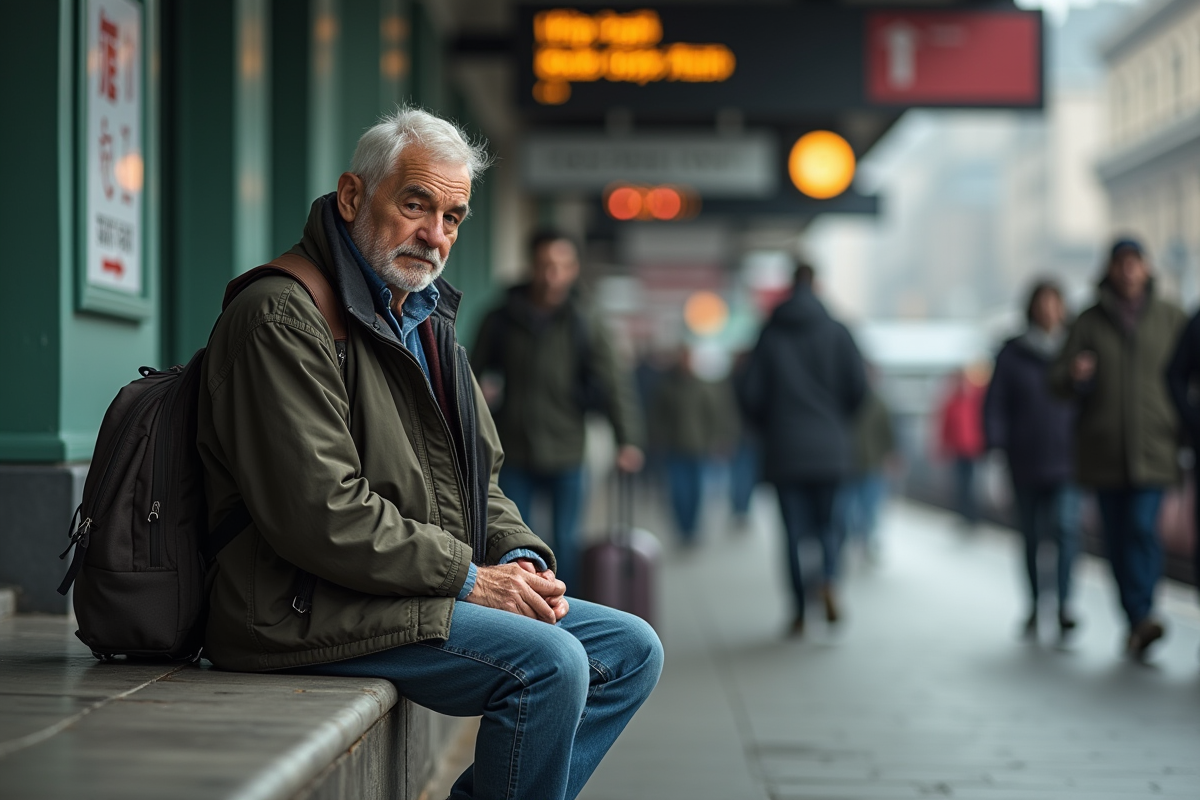 Homme migrant assis seul sur un banc à la gare