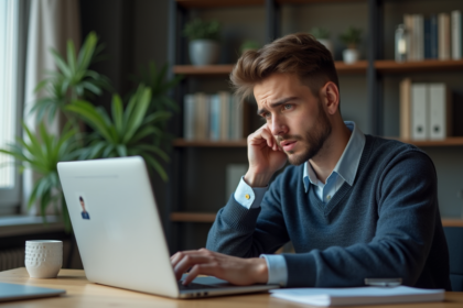 Jeune homme anxieux devant un ordinateur avec alerte de fuite de données