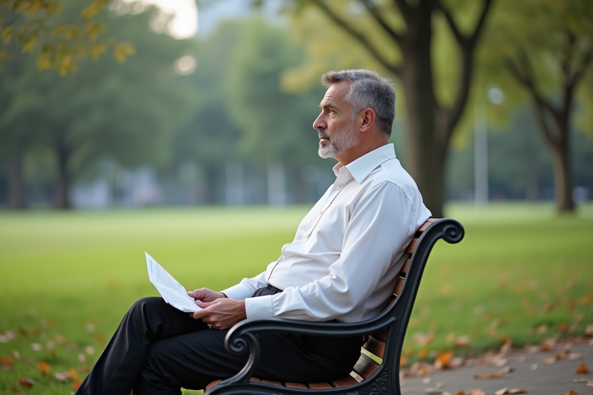 Homme seul sur un banc de parc avec document