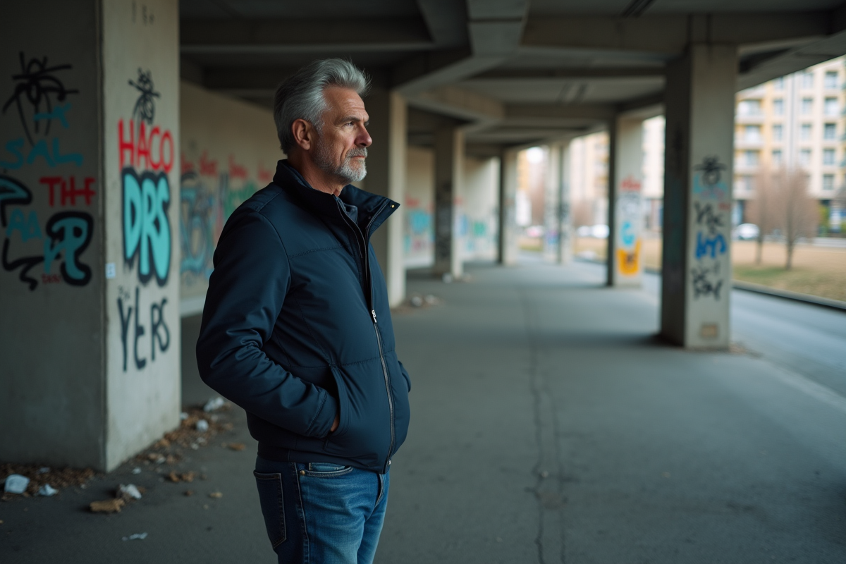 Homme d'âge moyen dans un environnement urbain avec graffitis