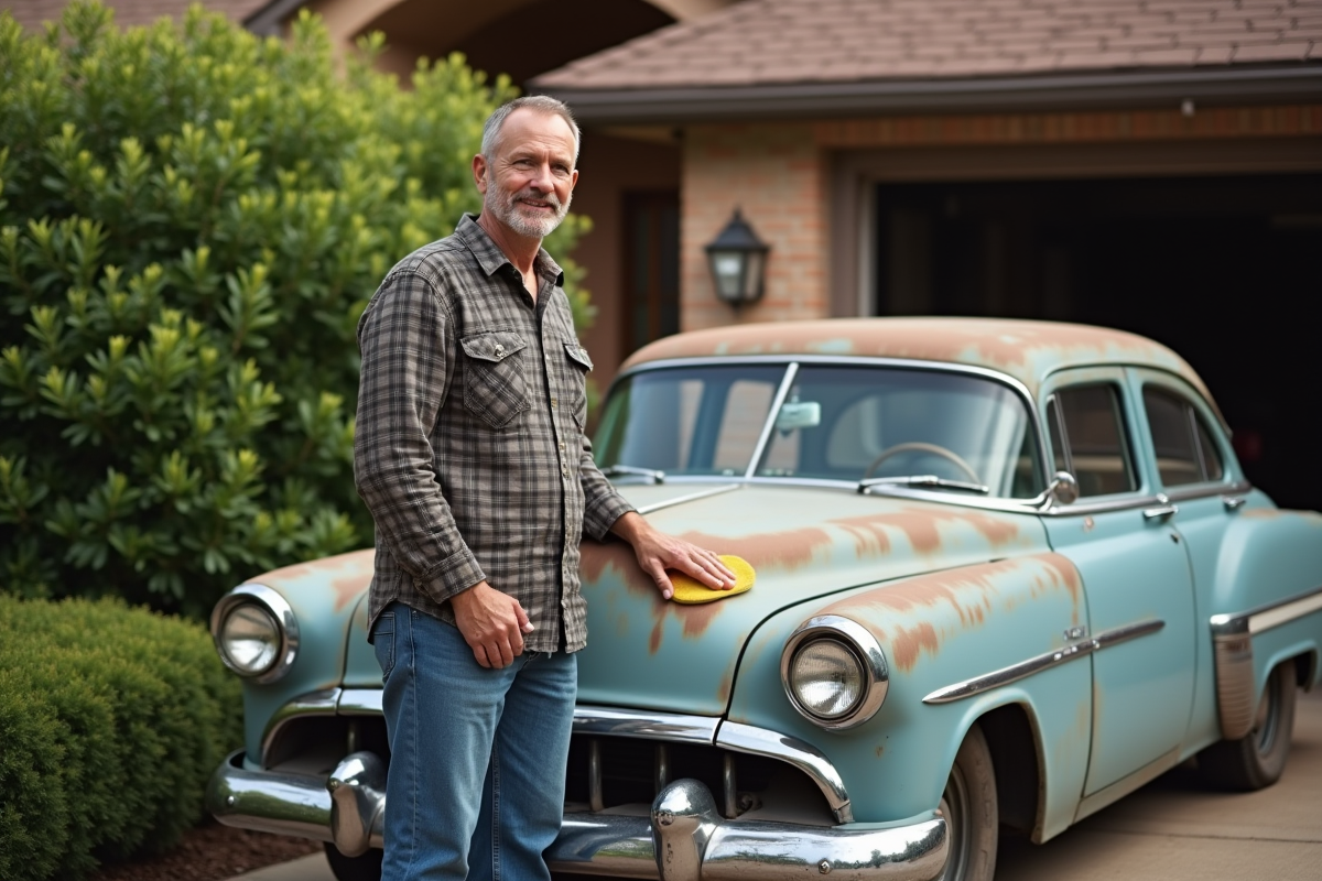 Homme souriant polissant une vieille voiture vintage dans la cour
