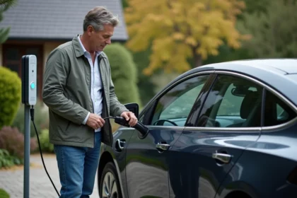 Homme vérifiant le tableau de bord de sa voiture électrique