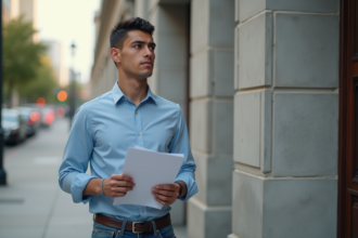 Jeune homme immigrant tenant ses documents officiels devant un bâtiment