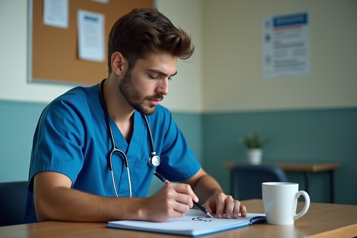 Jeune infirmier esquissant le symbole du caducée dans la salle de pause