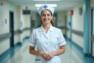 Infirmière confiante en uniforme blanc dans un couloir d'hôpital