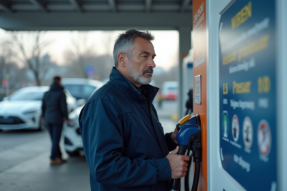 Ingénieur automobile devant une pompe à hydrogène moderne