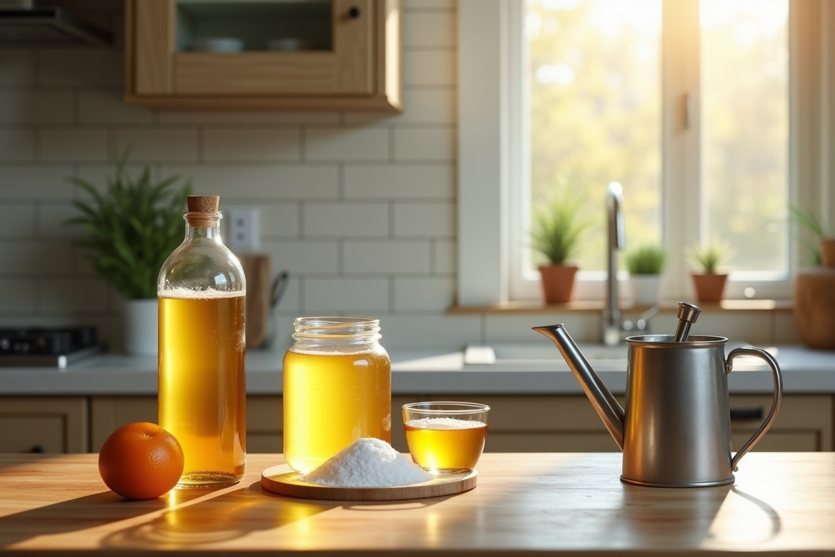 Ingrédients naturels pour anti-mauvaises-herbes sur une table en cuisine