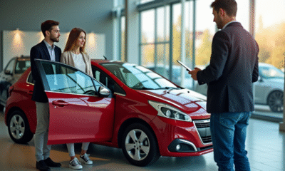 Jeune couple inspectant une Peugeot 208 d'occasion en concession