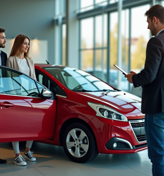 Jeune couple inspectant une Peugeot 208 d'occasion en concession